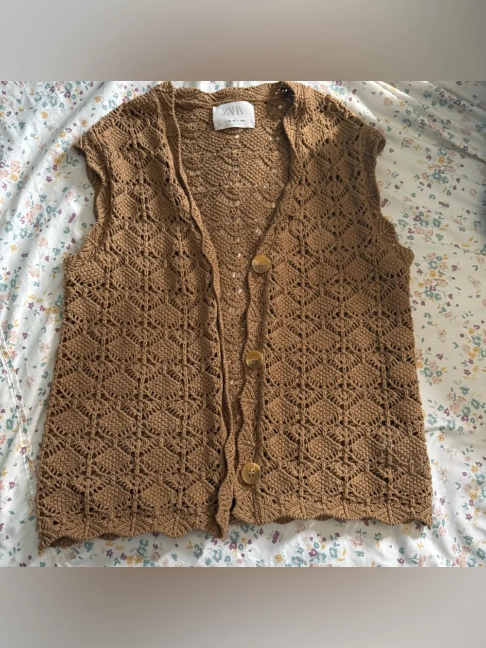 Zara Brown Crochet Button-Front Vest in Camel Brown